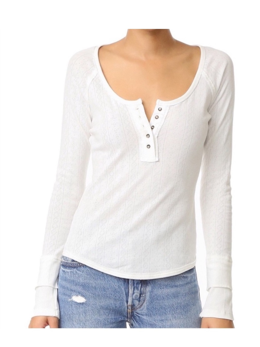 Free People Sugar and Spice Pointelle Scoop Neck 5 button Henley. Y2K. Thermal S